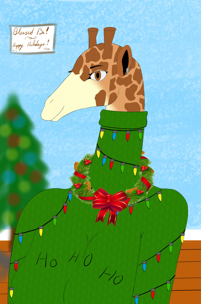 absurd_res anthro breasts brown_body brown_eyes brown_fur christmas christmas_clothing christmas_decorations christmas_lights christmas_outfit christmas_tree clothed clothing cooltexan57 deka_(cooltexan57) digital_media_(artwork) ear_piercing ear_ring fur giraffe giraffid herm hi_res holidays horn intersex lights mammal multicolored_body multicolored_fur piercing plant ring_piercing signature simple_background smile solo spots standing sweater text topwear tree two_tone_body two_tone_fur yellow_body yellow_fur yule