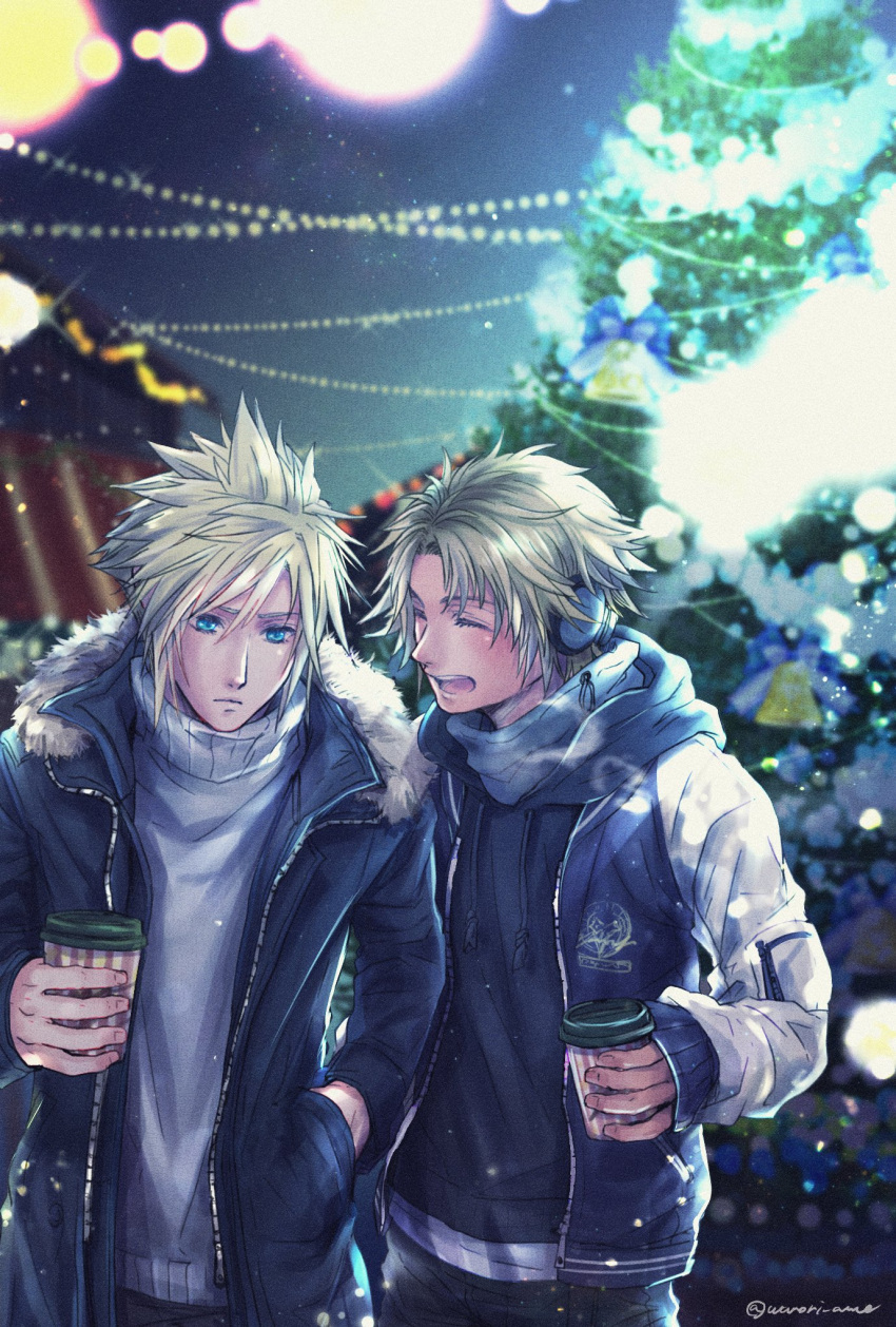 2boys alternate_costume bangs blonde_hair blue_eyes blurry blurry_background christmas christmas_ornaments christmas_tree closed_eyes cloud_strife cup disposable_cup final_fantasy final_fantasy_vii final_fantasy_x fur-trimmed_jacket fur_trim hair_between_eyes hand_in_pocket headphones highres holding holding_cup hood hood_down hoodie jacket letterman_jacket male_focus multiple_boys night open_mouth parted_bangs scarf short_hair smile spiked_hair tidus twitter_username upper_body warori_anne winter_clothes