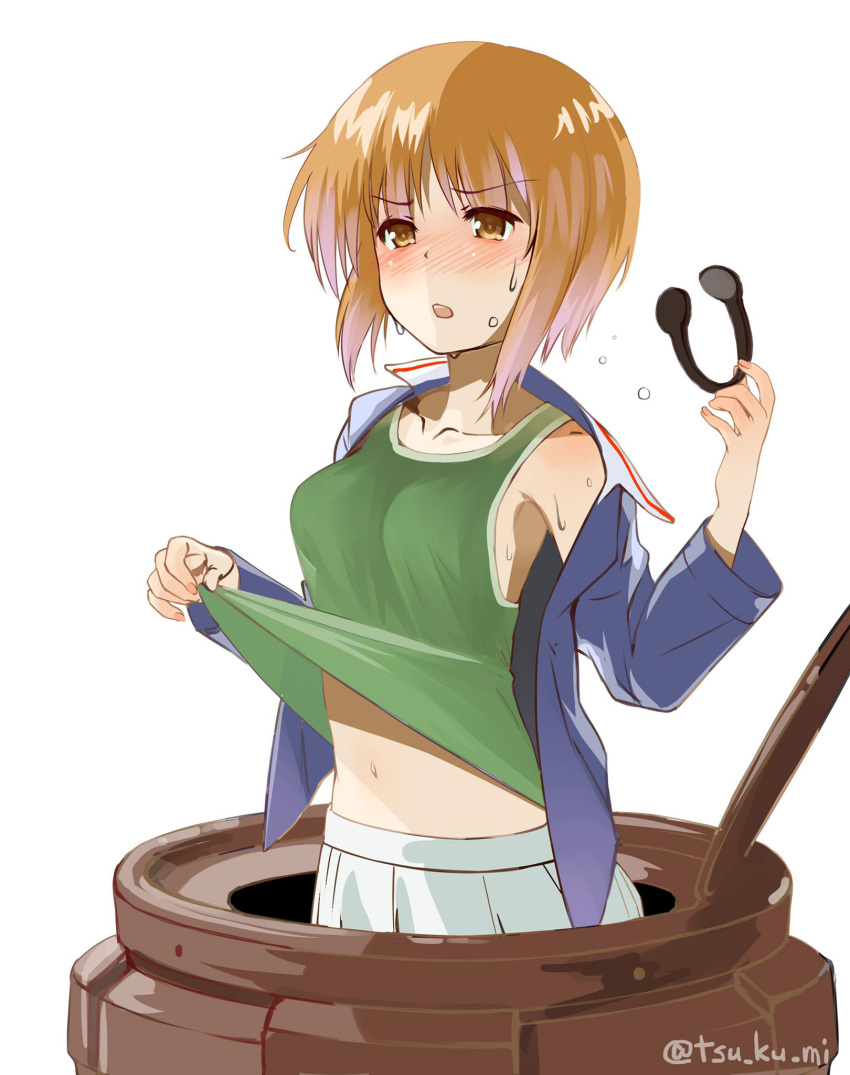 1girl bangs blue_jacket blush breasts brown_eyes brown_hair clothes_lift commentary_request frown girls_und_panzer green_shirt half-closed_eyes highres holding holding_microphone hot jacket lifted_by_self long_sleeves looking_to_the_side medium_breasts microphone midriff military military_uniform nishizumi_miho off_shoulder ooarai_military_uniform open_clothes open_jacket open_mouth partial_commentary shirt shirt_lift short_hair simple_background skirt solo sweat tank_cupola tank_top throat_microphone twitter_username uniform water_drop white_background white_skirt yurikuta_tsukumi