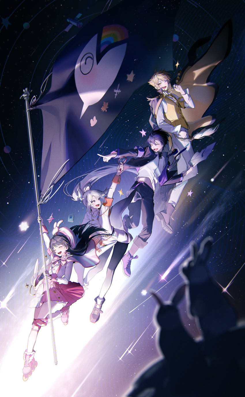 2boys 2girls absurdres black_hair black_pants blonde_hair bow flag flying fushimi_gaku haero hair_ornament hat high_ponytail highres higuchi_kaede holding holding_flag holding_magnifying_glass jumping kenmochi_touya long_hair magnifying_glass multiple_boys multiple_girls niccori^^chousa-tai_no_theme_(vocaloid) nijisanji pants passport pink_bow pink_skirt purple_hair rabbit rabbit_hair_ornament roller_skates sailor_hat shirt skates skirt space star_(sky) tsukino_mito very_long_hair vest virtual_youtuber white_bow white_hair white_headwear white_pants white_shirt white_skirt yellow_vest