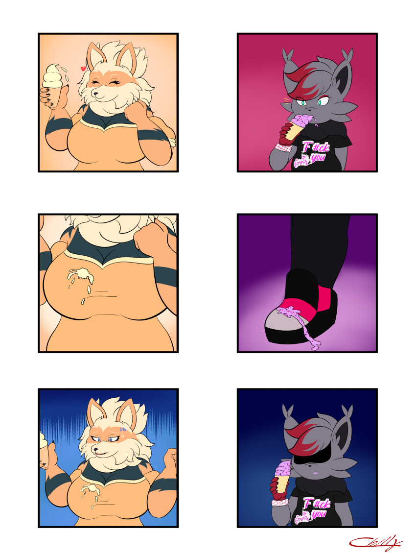 absurd_res anthro arcanine canid canine chillyspicky comic dessert duo female food generation_1_pokemon generation_5_pokemon hi_res ice_cream mammal nintendo pokemon pokemon_(species) shaleen_(chillyspicky) sunniva_(chillyspicky) video_games zorua