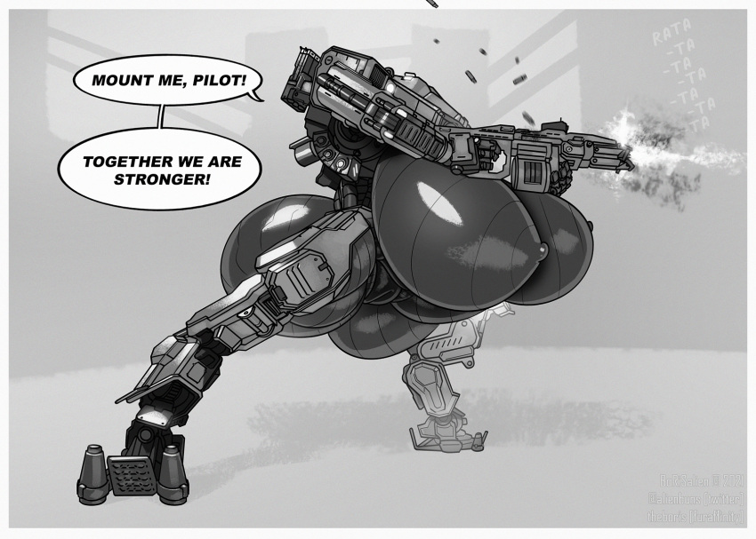 armor big_breasts big_butt borisalien breasts butt dialogue female genitals gun hi_res huge_breasts huge_butt humanoid hyper hyper_breasts machine metal monochrome nipples pussy ranged_weapon robot robot_humanoid shooting solo thick_thighs weapon wide_hips