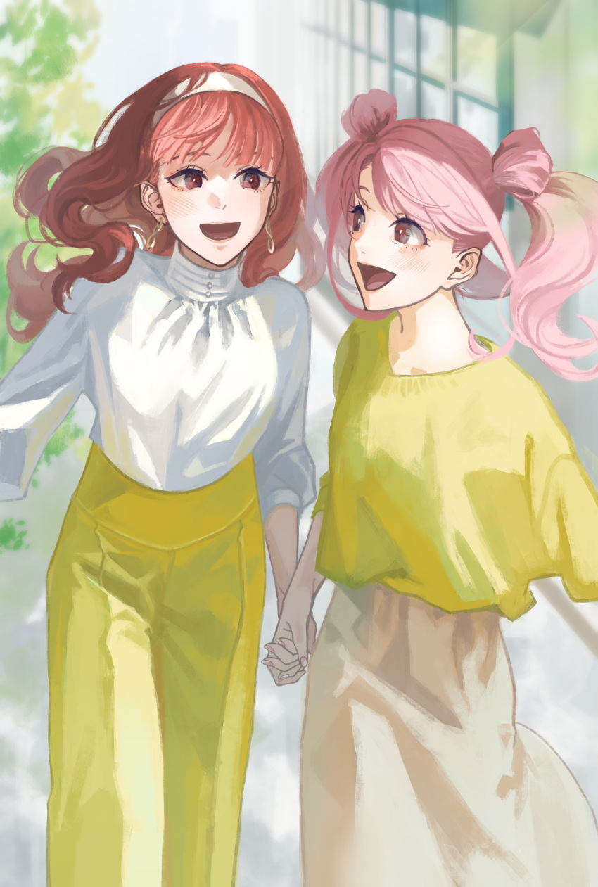 2girls :d bangs brown_eyes brown_skirt celica_(fire_emblem) double_bun earrings fire_emblem fire_emblem_echoes:_shadows_of_valentia floating_hair hair_behind_ear hair_bun hairband highres holding_hands jewelry long_hair looking_at_another mae_(fire_emblem) multiple_girls open_mouth pants pink_hair red_hair shirt shirt_tucked_in skirt smile twintails white_hairband white_shirt yama0109 yellow_pants yellow_shirt