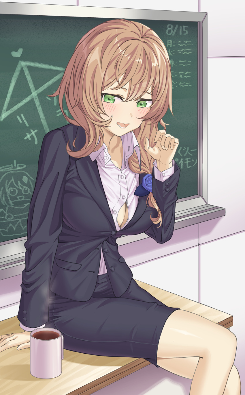 1girl :d ai_ai_gasa arm_support bangs black_skirt black_sleeves blue_flower blue_rose blush breasts button_gap chalkboard cleavage coffee_mug collared_shirt commentary cup dot_nose flower genshin_impact green_eyes hair_between_eyes hair_flower hair_ornament hand_up highres indoors large_breasts light_brown_hair lisa_(genshin_impact) long_hair long_sleeves looking_at_viewer lower_teeth mug o-los open_mouth pencil_skirt rose shadow shiny shiny_hair shirt skirt smile solo teacher teeth white_shirt