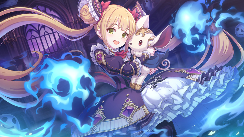 1girl animal blonde_hair dress european_clothes green_eyes holding holding_animal long_hair luna_(shadowverse) official_art pet princess_connect! twintails