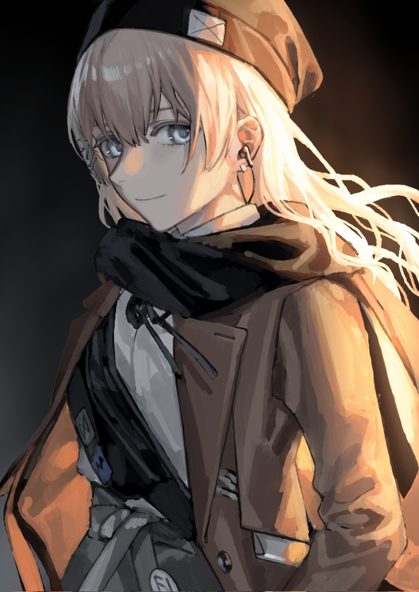 1girl brown_jacket closed_mouth collared_shirt girls'_frontline grey_eyes hair_between_eyes hat highres jacket light_brown_hair looking_at_viewer looking_to_the_side mik_blamike open_clothes open_jacket open_mouth scar-l_(girls'_frontline) scarf shirt smile solo upper_body white_shirt