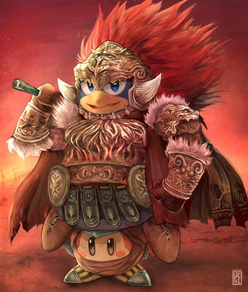 1boy alternate_costume arm_at_side armor artist_name bandana bandana_waddle_dee belt big_hair blue_eyes blue_fur blush_stickers body_fur breastplate brown_footwear brown_gloves cape carrying commentary cosplay cross-laced_footwear day elden_ring english_commentary fur-trimmed_armor fur_trim furry furry_male gloves gradient_sky hand_up happy helmet highres holding holding_weapon king_dedede kirby_(series) looking_at_viewer male_focus mixed-language_commentary open_mouth orange_eyes outdoors over_shoulder red_background red_cape red_hair red_headwear red_sky red_theme shoes shoulder_armor signature sky smile spikes standing_on_person starscourge_radahn starscourge_radahn_(cosplay) striped striped_footwear sweat torn_cape torn_clothes uchivstheworld vambraces watermark weapon weapon_over_shoulder witch-hunter_jerren witch-hunter_jerren_(cosplay) yellow_footwear