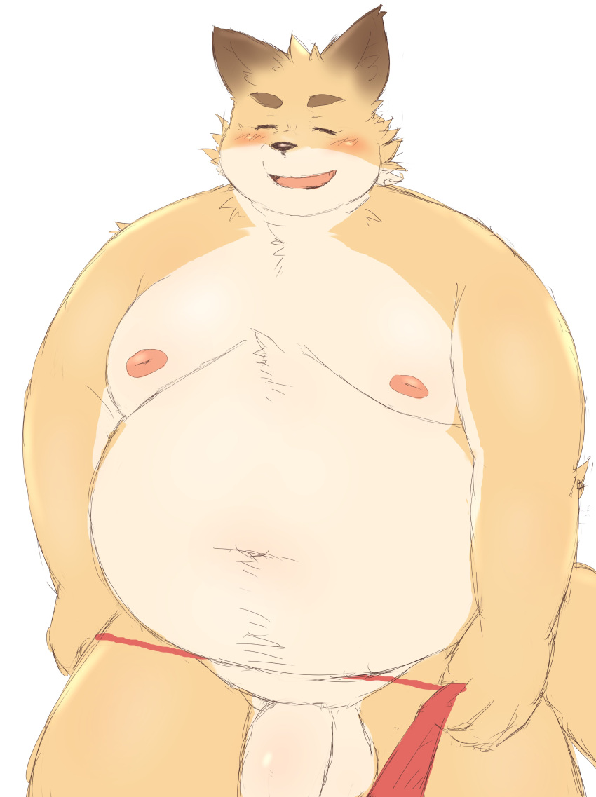 2022 absurd_res anthro balls belly big_belly blush canid canine eyes_closed fox genitals hi_res ibuki_haruno kemono male mammal moobs navel nipples overweight overweight_male penis simple_background solo