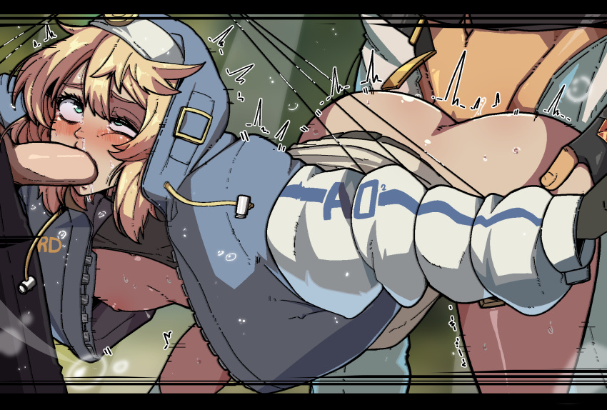 3boys anal ass ass_grab black_gloves blonde_hair blush bottomless bridget_(guilty_gear) clothed_sex clothes doggystyle fellatio fingerless_gloves gloves grabbing grabbing_another's_ass grabbing_from_behind green_eyes groping guilty_gear guilty_gear_strive highres hood hood_up long_hair male_focus mark_gavatino multiple_boys nipples open_clothes open_mouth oral penis rolling_eyes sex sex_from_behind twitching uneven_eyes yaoi