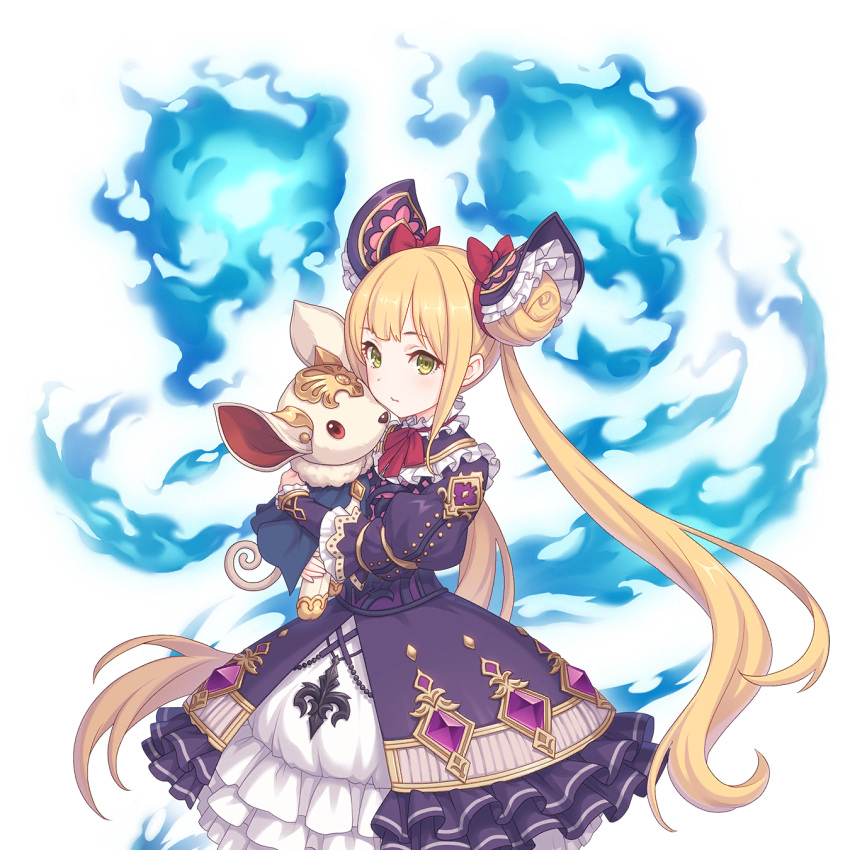 animal blonde_hair blue_fire dress european_clothes fire green_eyes highres holding holding_animal long_hair looking_at_viewer luna_(shadowverse) magic official_art pet princess_connect! tachi-e transparent_background twintails