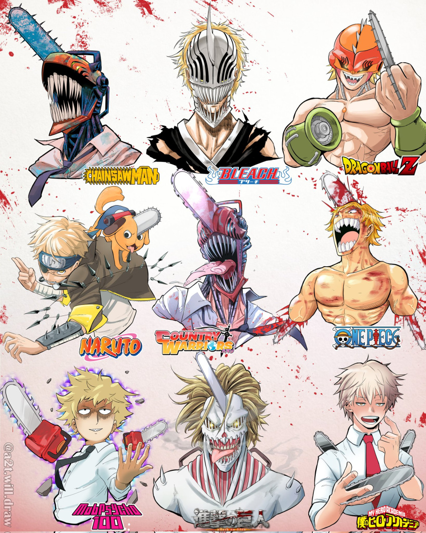 1boy a2t_will_draw black_necktie bleach blonde_hair blood boku_no_hero_academia buttons chainsaw chainsaw_man copyright_name denji_(chainsaw_man) dog dragon_ball dragon_ball_z eyepatch floating floating_object fujimoto_tatsuki_(style) grin headband highres horikoshi_kouhei_(style) isayama_hajime_(style) kishimoto_masashi_(style) kubo_tite_(style) kunai male_focus mask mob_psycho_100 mouth_hold multiple_style_parody multiple_views naruto_(series) necktie oda_eiichirou_(style) one_(style) one_piece open_mouth otogakure_symbol parody pochita_(chainsaw_man) red_necktie sharp_teeth shingeki_no_kyojin shirt short_sleeves smile style_parody teeth tongue tongue_out toriyama_akira_(style) weapon white_shirt