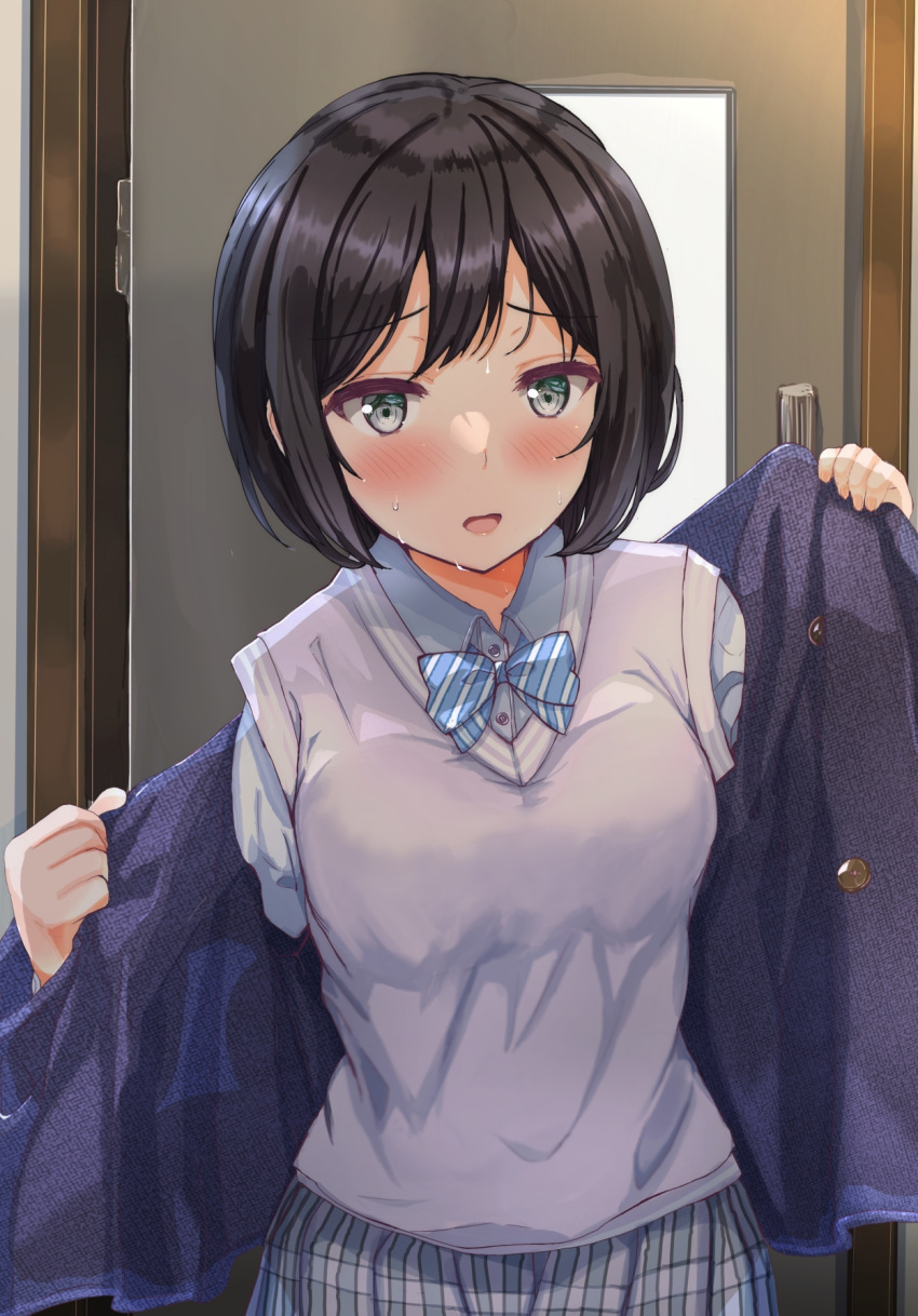 1girl bangs black_hair blazer blue_bow blue_bowtie blue_jacket blush bob_cut bow bowtie breasts commentary cowboy_shot diagonal-striped_bowtie door dress_shirt entrance fushimi_asuha green_skirt grey_sweater_vest highres jacket looking_at_viewer medium_breasts open_clothes open_jacket open_mouth original plaid plaid_skirt raised_eyebrows school_uniform shirt short_hair skirt solo sweat sweater_vest sweating_profusely two-tone_bowtie undressing uniform white_bow white_bowtie white_shirt white_skirt