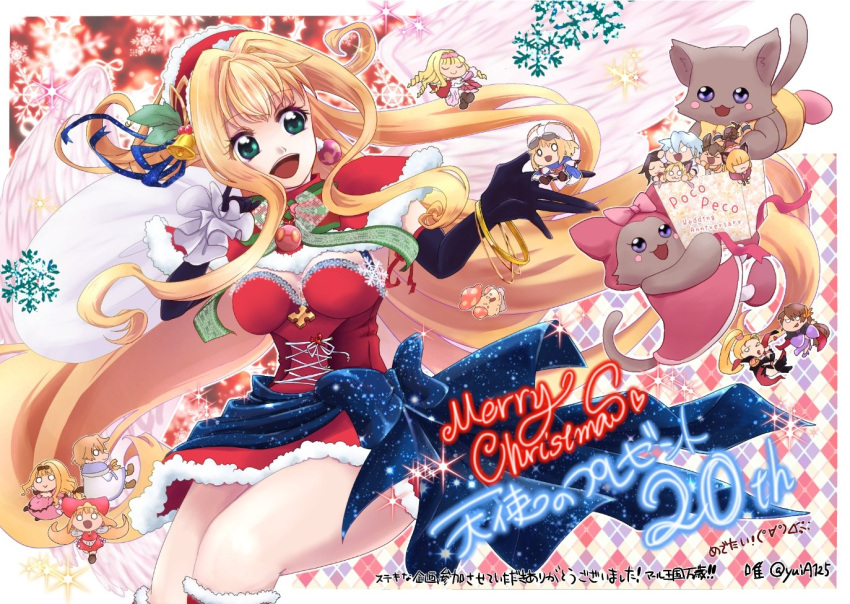 blonde_hair breasts character_request chibi christmas closed_mouth cornet_espoir crea_rosenqueen curly_hair dress gloves green_eyes hairband hat jewelry kururu_(little_princess) long_hair marl_kingdom multiple_girls open_mouth skirt smile wings yuia125