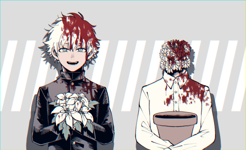 1boy 1other bangs blood blood_in_hair blood_on_clothes blood_on_face blood_on_flower blood_stain blue_eyes boku_no_hero_academia chromatic_aberration collared_shirt curly_hair daisy dress_shirt drop_shadow flower gakuran grey_background hair_between_eyes headless holding holding_flower holding_flower_pot long_sleeves looking_at_viewer macha@meshi open_mouth school_uniform shirt short_hair smile straight-on todoroki_touya upper_body white_flower white_hair white_shirt wing_collar