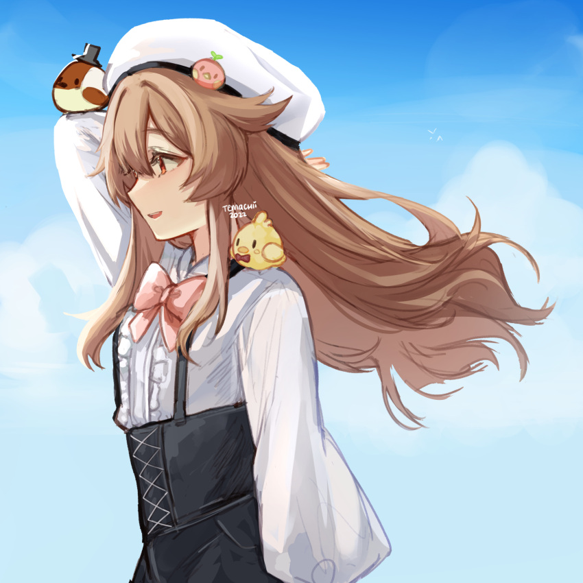 1girl animal bird black_skirt blue_sky bow bowtie brown_eyes brown_hair chick chick_on_shoulder clothed_animal dated floating_hair hat highres long_hair long_sleeves original pink_bow pink_bowtie profile shirt signature skirt sky smile solo suspender_skirt suspenders temachii temachii_(character) top_hat white_headwear white_shirt