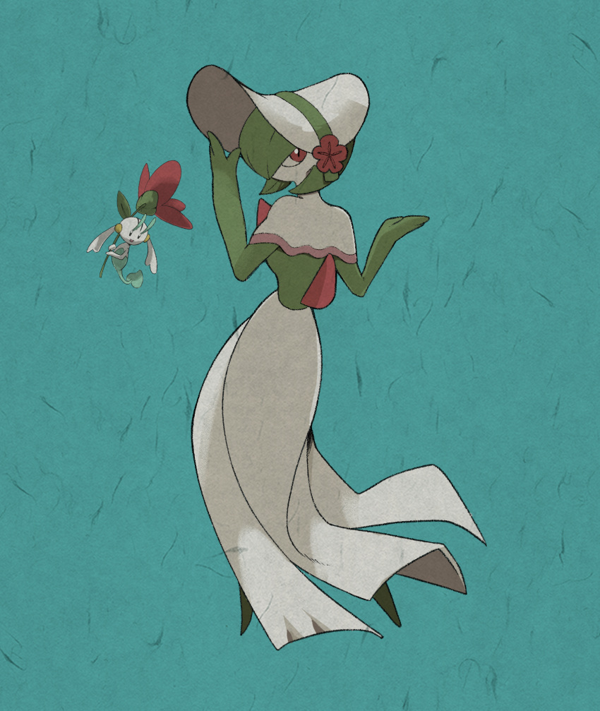 1girl bangs black_eyes blue_background bob_cut bonnet breasts capelet clothed_pokemon colored_skin commentary floating floette floette_(red) flower from_behind full_body gardevoir green_hair green_skin hair_over_one_eye hands_up happy hat hat_flower highres holding holding_flower looking_at_viewer looking_back minami_(fsubqki_gh0st) multicolored_skin one_eye_covered open_mouth pink_trim pokemon pokemon_(creature) pokemon_(game) pokemon_unite red_eyes red_flower short_hair simple_background small_breasts smile solo_focus standing two-tone_skin white_capelet white_headwear white_skin