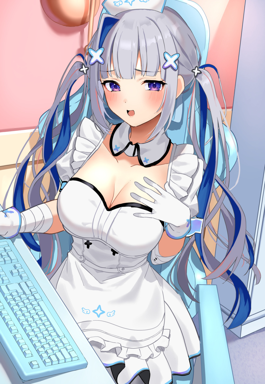1girl absurdres alternate_breast_size amane_kanata apron bandages bangs blue_hair blush breasts chair cleavage collarbone colored_inner_hair detached_collar dress frilled_apron frills gaming_chair gloves grey_hair hair_ornament hairclip hat highres hololive keyboard_(computer) large_breasts long_hair low_twintails multicolored_hair nurse nurse_cap open_mouth puffy_short_sleeves puffy_sleeves purple_eyes short_hair short_sleeves single_hair_intake sitting smile solo streaked_hair twintails two_side_up uuroncha virtual_youtuber white_apron white_dress white_gloves