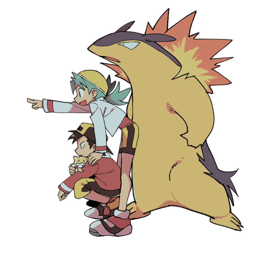1boy 1girl :d backwards_hat baseball_cap bike_shorts black_headwear capri_pants commentary cropped_jacket ethan_(pokemon) from_side green_hair hat highres jacket kris_(pokemon) long_hair long_sleeves open_mouth outstretched_arm pants pointing pokemon pokemon_(creature) pokemon_(game) pokemon_gsc red_jacket red_shirt shirt shoes smile squatting standing symbol-only_commentary togepi typhlosion white_background white_jacket yellow_headwear zuxu_zz