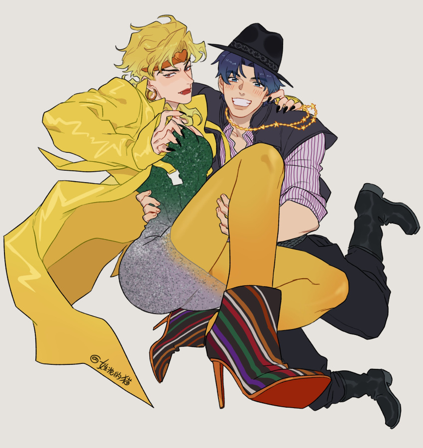2boys absurdres ankle_boots ass black_footwear black_headwear black_nails black_pants blonde_hair blue_eyes blue_hair blush boots carrying coat crossdressing dio_brando earrings english_commentary fangs full_body grin hat headband heart high_heels highres honlo hoop_earrings jewelry jojo_no_kimyou_na_bouken jonathan_joestar long_coat long_hair looking_at_viewer male_focus multiple_boys necklace pants pantyhose red_eyes red_lips shirt short_hair smile striped striped_shirt two-tone_dress yaoi yellow_coat yellow_pantyhose