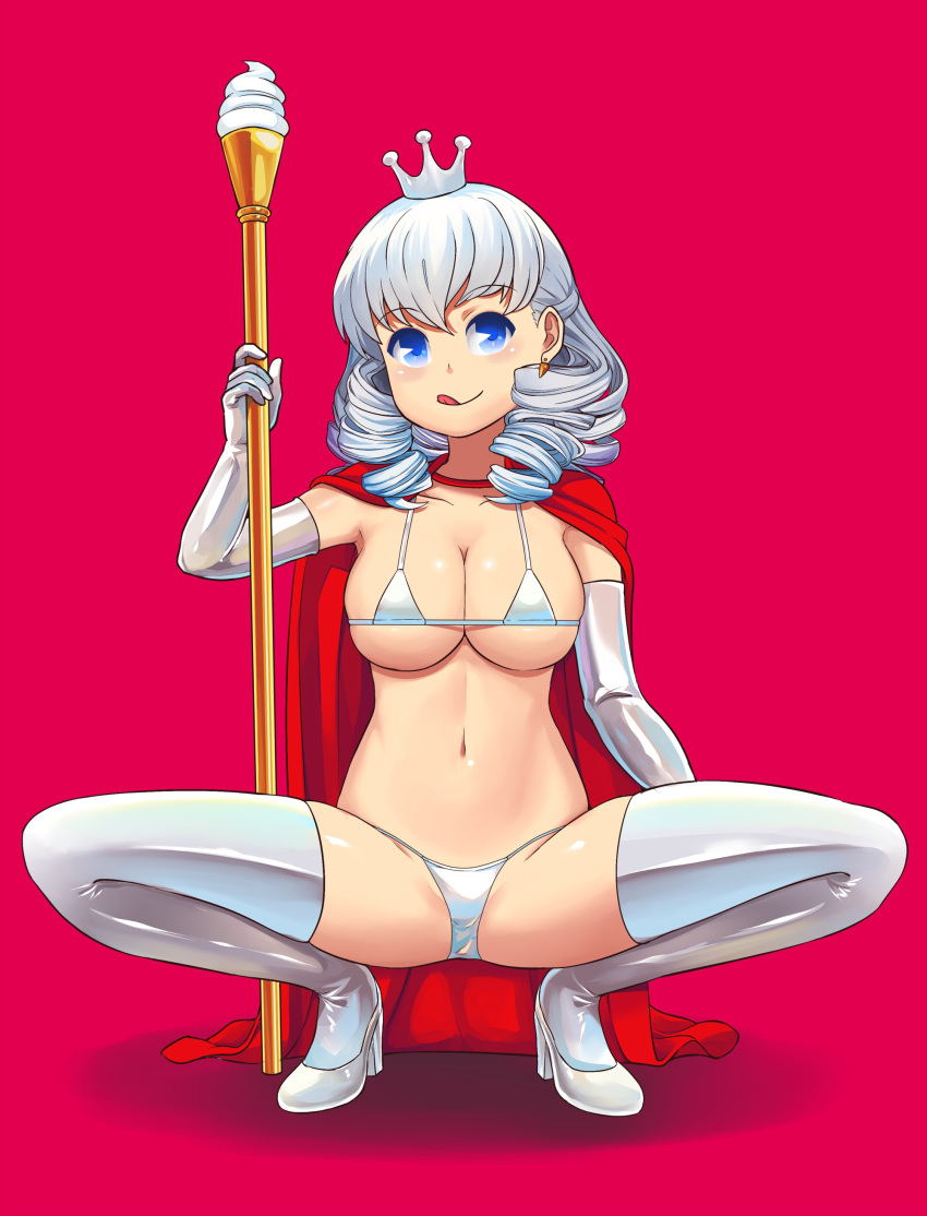 1girl absurdres bangs bikini blue_eyes breasts cape cleavage crown drill_hair elbow_gloves food gloves hand_up high_heels highres ice_cream large_breasts looking_at_viewer medium_hair meshmezz navel original red_background red_cape shadow silver_bikini silver_gloves silver_legwear silver_thighhighs simple_background solo spread_legs staff swimsuit white_footwear white_hair white_headwear