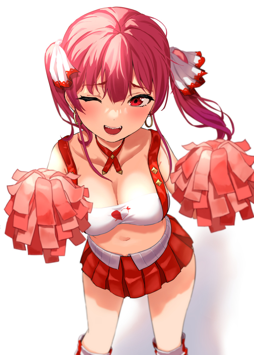 1girl alternate_costume breasts cheerleader choker cleavage earrings floating_hair highres holding holding_pom_poms hololive hoop_earrings houshou_marine jewelry medium_breasts midriff miniskirt navel pleated_skirt pom_pom_(cheerleading) raised_eyebrows red_choker red_eyes red_hair sharp_teeth skirt solo stomach teeth thighs twintails uuroncha virtual_youtuber