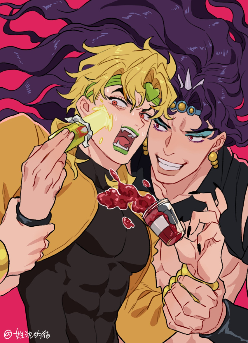 2boys abs battle_tendency black_nails blonde_hair bracelet dio_brando earrings english_commentary evil_smile fangs food food_on_face green_lips grin headband heart height_difference highres holding holding_another's_wrist honlo horns jacket jam jewelry jojo_no_kimyou_na_bouken kars_(jojo) long_hair long_sleeves looking_at_another makeup male_focus multiple_boys muscular muscular_male open_mouth pectorals pink_background purple_hair red_eyes smile stardust_crusaders sweatdrop topless_male very_long_hair wavy_hair yellow_jacket