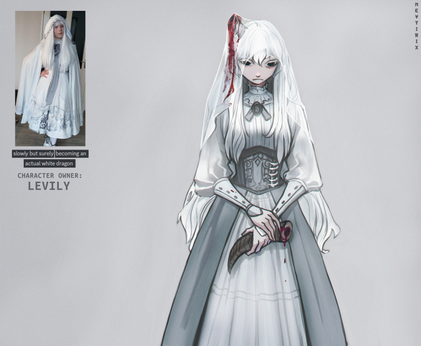 1girl absurdres artist_name bangs black_eyes blood broken_horn character_name dress feet_out_of_frame frown grey_background highres holding horns long_hair long_sleeves looking_at_viewer neytirix original photo_inset simple_background single_horn solo standing veil white_dress