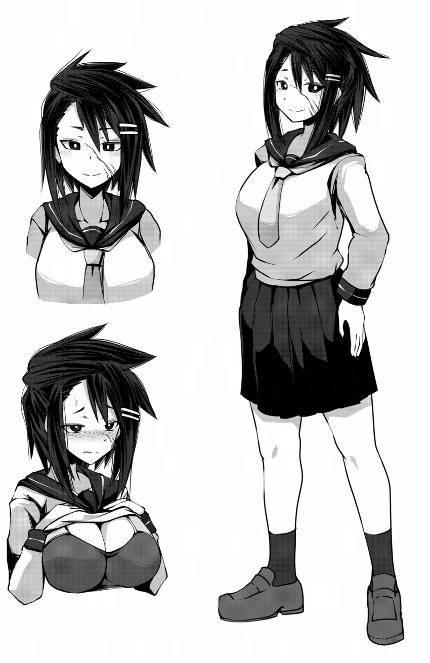 1girl bra breasts cleavage clothes_lift frown greyscale hair_ornament hairclip highres imagawa_akira large_breasts long_sleeves medium_skirt miniskirt monochrome multiple_views necktie original scar scar_on_cheek scar_on_face school_uniform serafuku shirt_lift skirt smile sweatdrop underwear