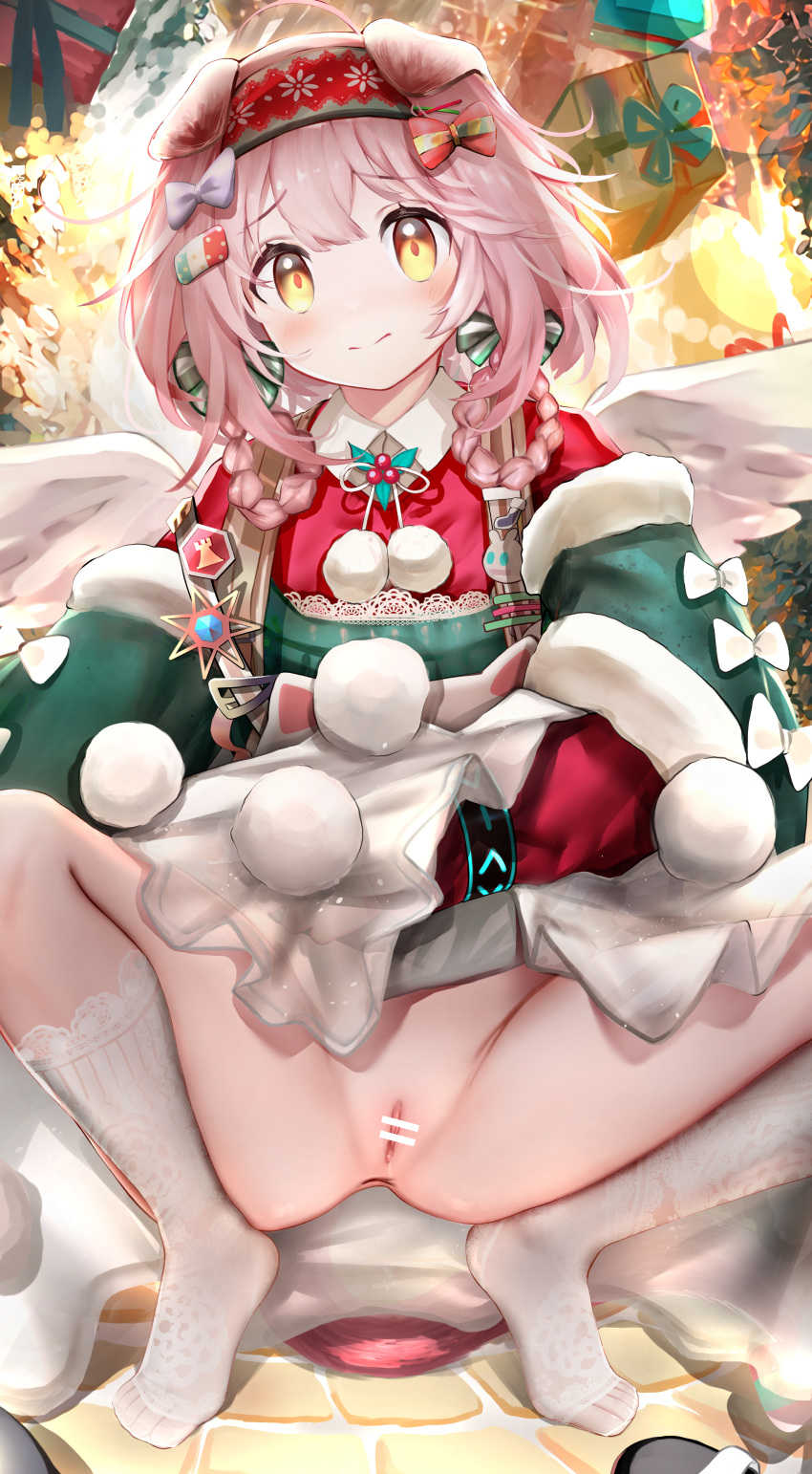 1girl absurdres animal_ears anus arknights bar_censor black_bracelet blush bottomless bow box braid cat_ears cat_girl censored floppy_ears floral_print flower fur-trimmed_sleeves fur_trim gift gift_box goldenglow_(arknights) goldenglow_(night_loving_servant)_(arknights) green_bow green_shirt hair_bow hairband highres infection_monitor_(arknights) long_hair looking_at_viewer nopetroto official_alternate_costume pink_hair poinsettia pom_pom_(clothes) print_hairband pussy red_bow red_hairband red_shirt shirt socks solo squatting white_bow white_socks yellow_eyes