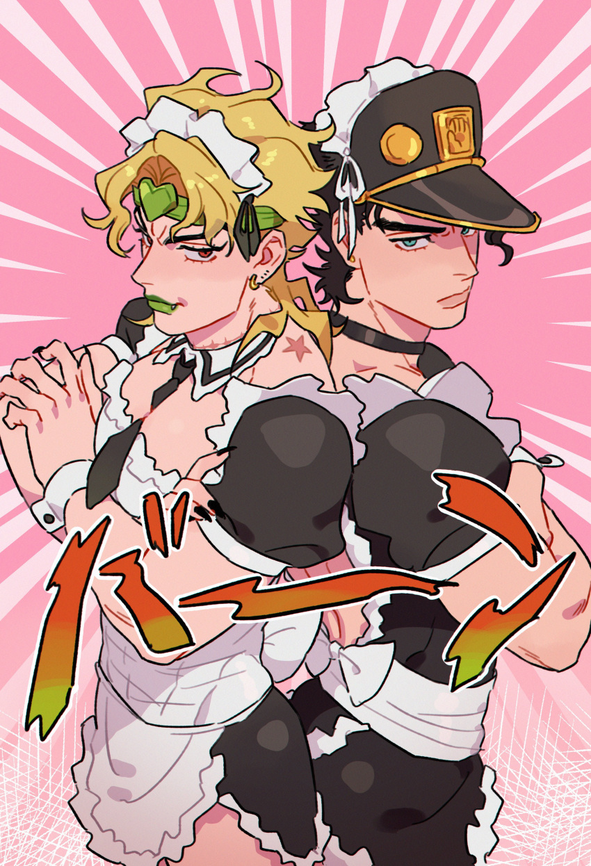 2boys absurdres apron back-to-back backless_outfit birthmark black_dress black_hair black_nails blonde_hair blue_eyes closed_mouth commentary crossdressing crossed_arms dio_brando dress fangs frilled_apron frills green_lips hat headband heart highres honlo joestar_birthmark jojo_no_kimyou_na_bouken kujo_jotaro looking_at_viewer maid maid_headdress male_focus multiple_boys muscular muscular_male pectorals red_eyes serious short_hair stardust_crusaders white_apron wrist_cuffs