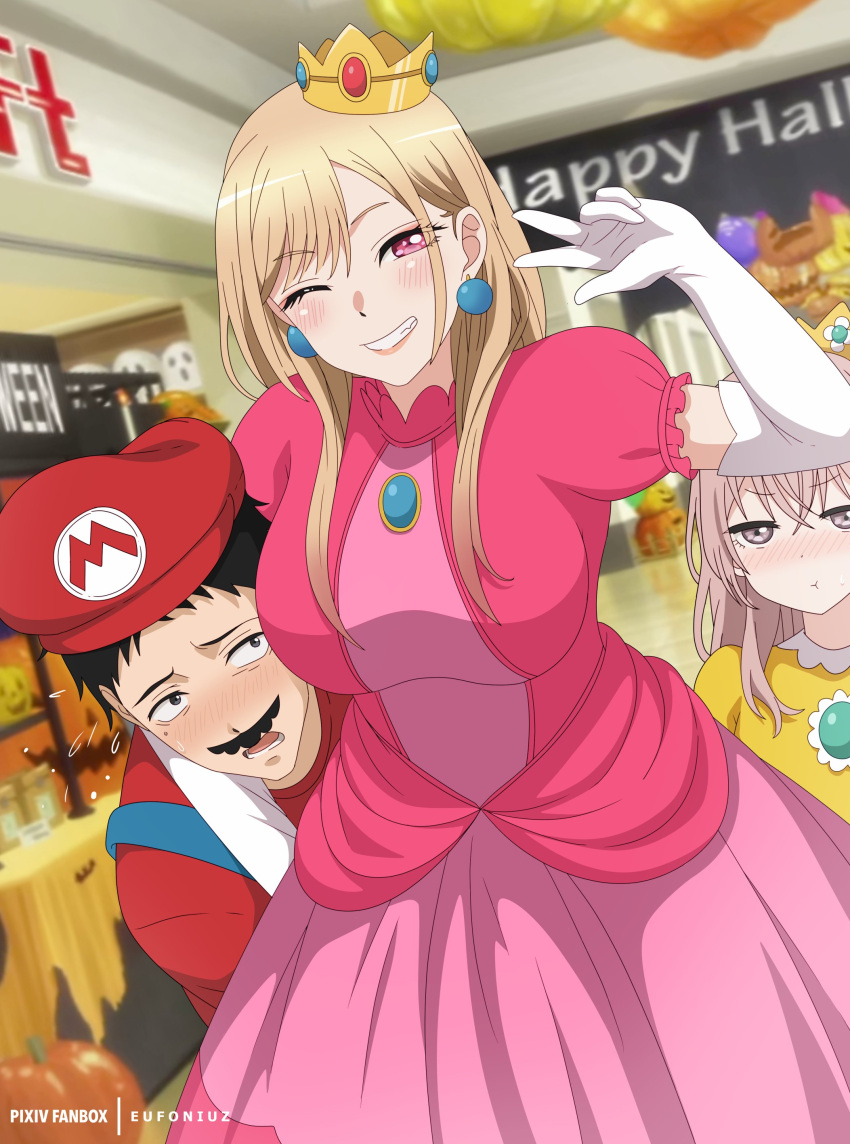 1boy 2girls ;d absurdres bangs baseball_cap black_eyes black_hair blonde_hair blush breasts cosplay crown dress earrings elbow_gloves embarrassed eufoniuz gloves gojou_wakana grin hat highres indoors inui_sajuna jewelry kitagawa_marin large_breasts long_hair looking_at_another looking_at_viewer mall mario mario_(cosplay) mario_(series) multiple_girls one_eye_closed open_mouth pink_dress pink_eyes pink_hair pout princess_daisy princess_daisy_(cosplay) princess_peach princess_peach_(cosplay) red_headwear red_shirt shirt short_hair smile solo_focus sono_bisque_doll_wa_koi_wo_suru teeth white_gloves yellow_dress