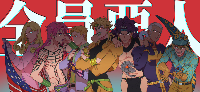 6+boys abs absurdres american_flag battle_tendency black_nails black_scarf black_shirt blonde_hair blue_eyes buzz_cut cd closed_mouth commentary_request dark-skinned_male dark_skin diamond_wa_kudakenai diavolo diego_brando dinosaur_tail dio_brando enrico_pucci evil_grin evil_smile formal funny_valentine green_lips green_shirt grey_eyes grey_hair grin highres holding_cd honlo jacket jojo_no_kimyou_na_bouken kars_(jojo) killer_queen king_crimson_(stand) kira_yoshikage long_hair long_sleeves looking_at_viewer multiple_boys muscular muscular_male nail_polish necktie open_mouth pink_hair pink_jacket pink_lips priest purple_hair purple_jacket red_background red_eyes red_stone_of_aja scar scarf scary_monsters_(stand) shirt short_hair smile stand_(jojo) stardust_crusaders steel_ball_run stone_mask_(jojo) stone_ocean tail teeth vampire vento_aureo very_short_hair wavy_hair