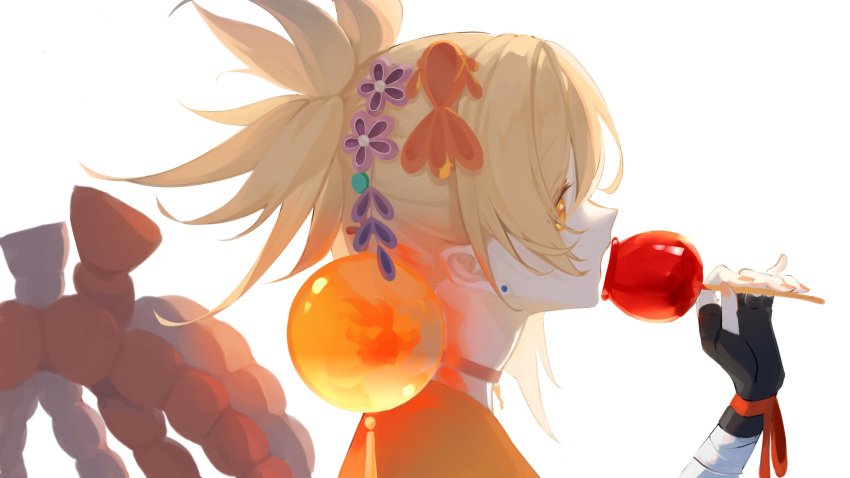 1girl absurdres blonde_hair brown_gloves butterfly_choker candy_apple choker ear_piercing fingerless_gloves fish fish_hair_ornament flower food from_side genshin_impact gloves goldfish hair_ornament highres japanese_clothes kimono noi_(nuoyawupengchuan) open_mouth orange_eyes orange_kimono orange_ribbon piercing profile red_choker red_flower red_rose ribbon rose solo updo upper_body wrist_ribbon yoimiya_(genshin_impact)