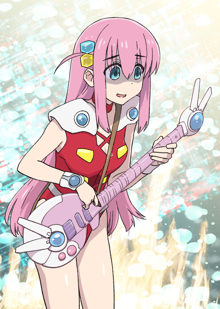 1girl bangs blue_eyes bocchi_the_rock! breasts commentary_request cosplay cube_hair_ornament electric_guitar gotou_hitori guitar hair_between_eyes hair_ornament hair_over_eyes highres instrument leaning_forward leotard long_hair macross macross_7 mylene_jenius mylene_jenius_(cosplay) one_side_up pink_hair red_leotard shaded_face small_breasts solo ueyama_michirou