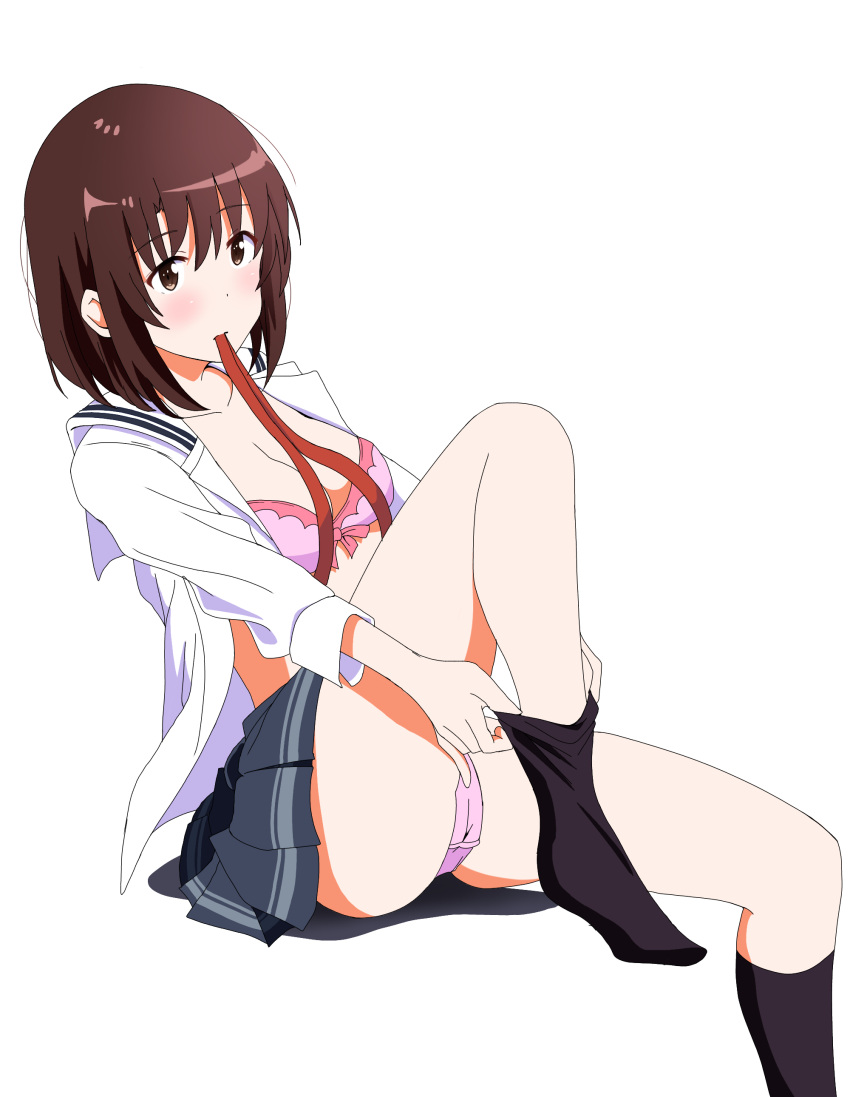 1girl absurdres black_socks blush bra breasts brown_eyes brown_hair closed_mouth commentary dressing highres hugimosi katou_megumi leaning_back leg_up looking_at_viewer medium_breasts medium_hair mouth_hold open_clothes open_shirt panties pink_bra pink_panties ribbon ribbon_in_mouth saenai_heroine_no_sodatekata sailor school_uniform sitting skirt socks solo two-tone_bra underwear white_background