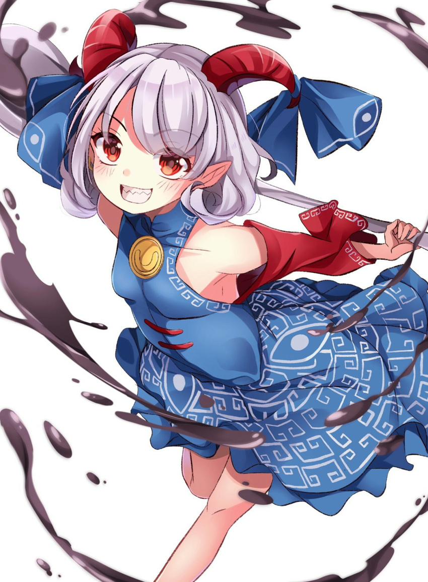 1girl blue_dress blue_ribbon curled_horns detached_sleeves dress grin highres horn_ornament horn_ribbon horns looking_at_viewer meandros meimei_(meimei89008309) oil oversized_object pointy_ears red_eyes red_horns red_sleeves ribbon sharp_teeth sheep_horns short_hair smile solo teeth touhou toutetsu_yuuma utensil white_background white_hair