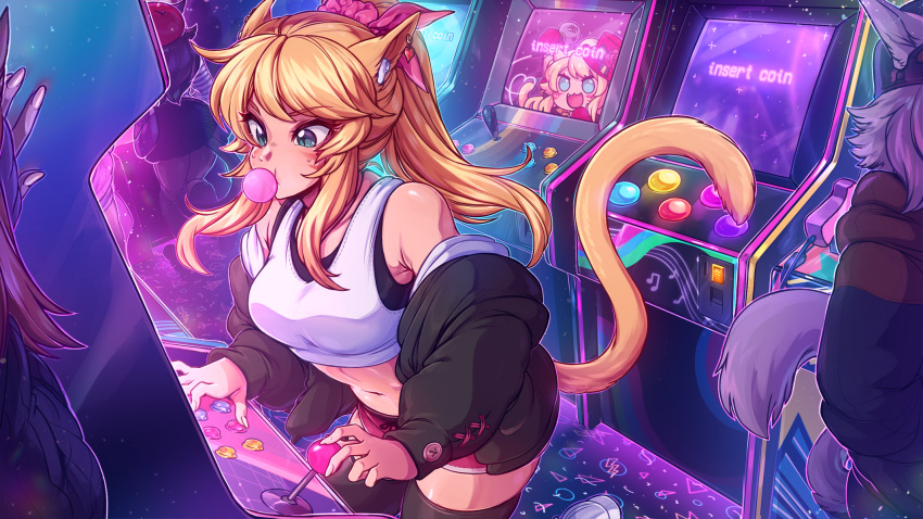 3girls animal_ears arcade arcade_cabinet bangs bare_shoulders black_jacket black_thighhighs breasts bubble_blowing cat_ears cat_girl cat_tail earphones earrings facial_mark hair_ornament heart heart_earrings highres indoors jacket jewelry large_breasts leaning_forward long_sleeves merunyaa multiple_girls nail_polish navel off_shoulder open_clothes open_jacket original pink_shorts playing_games ponytail shorts skirt slit_pupils solo_focus stomach sweat tail thighhighs whisker_markings