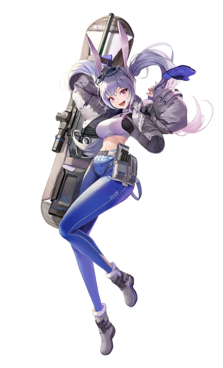 1girl :d absurdres animal_ears arms_up belt blue_pants boots breasts coat crop_top cropped_jacket eyewear_on_head fake_animal_ears full_body fur-trimmed_boots fur_trim grey_footwear grey_jacket gun gun_case highres jacket long_hair long_sleeves looking_at_viewer magazine_(weapon) medium_breasts midriff mittens navel neon.c open_clothes open_jacket open_mouth original pants puffy_sleeves purple_eyes purple_hair purple_mittens rabbit_ears rifle scope simple_background smile sniper_rifle solo sunglasses tight tight_pants twintails utility_belt weapon white_background