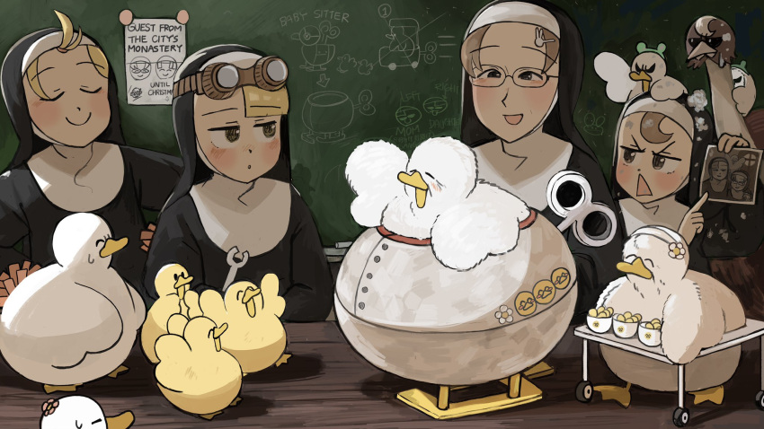 4girls bird blonde_hair brown_eyes brown_hair brunette_bangs_nun_(diva) catholic chalk chalkboard chicken closed_eyes clumsy_nun_(diva) diva_(hyxpk) duck duckling english_commentary flower frog_headband froggy_nun_(diva) glasses goggles goggles_on_head habit highres little_nuns_(diva) multiple_girls nun ostrich owl photo_(object) poster_(object) smile spicy_nun's_mother_(diva) spicy_nun_(diva) topknot triangle_mouth winding_key yellow_eyes