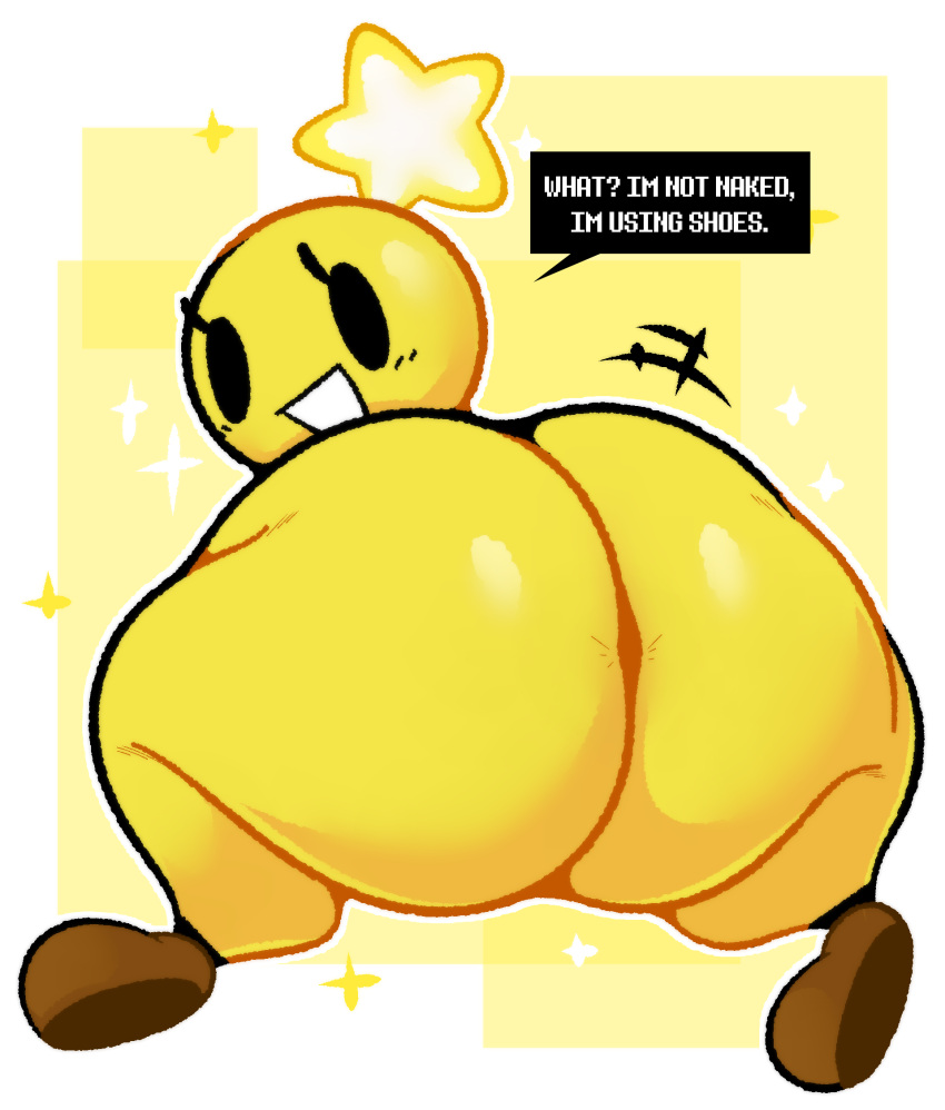 big_butt black_eyes butt clothing ekkokenight english_text female footwear hi_res huge_butt humanoid looking_at_viewer looking_back mario_and_luigi_(series) mario_bros nintendo nude open_mouth question_mark shoes solo starlow text thick_thighs video_games wide_hips yellow_body