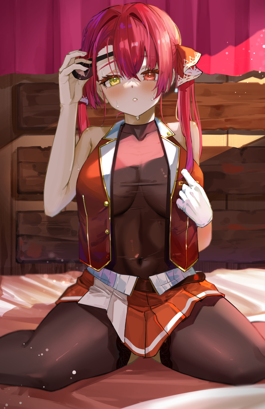 1girl absurdres black_ribbon bow breasts covered_navel drill_hair hair_bow hair_ribbon heterochromia high_ponytail highres hololive houshou_marine large_breasts leotard leotard_under_clothes long_hair nappi0110 red_eyes red_hair red_ribbon ribbon ringlets sitting solo twin_drills twintails undressing very_long_hair virtual_youtuber wariza yellow_eyes