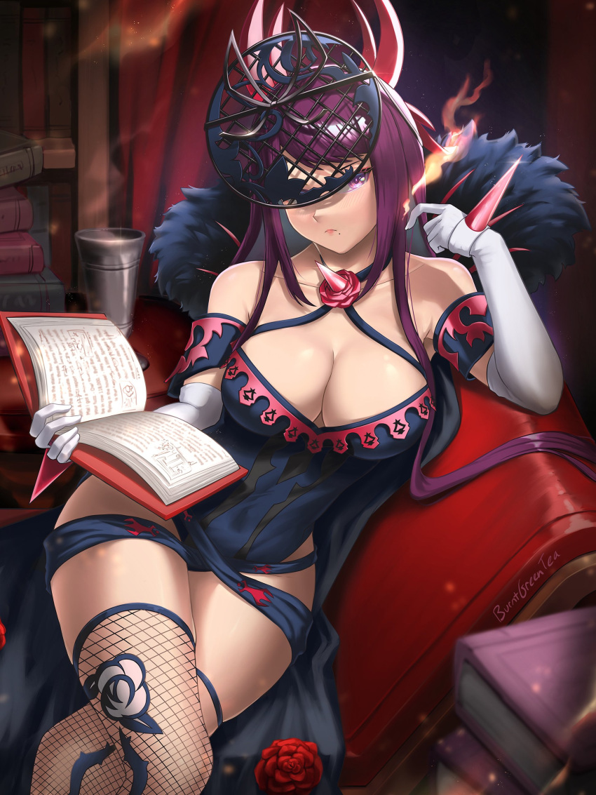 1girl absurdres bare_shoulders book breasts brooch burnt_green_tea cape chalice cleavage couch crossed_legs elbow_gloves elbow_rest fire_emblem fire_emblem_engage fishnet_thighhighs fishnets floral_print flower flower_brooch gloves highres holding holding_book hortensia_(fire_emblem) jewelry large_breasts mole mole_under_mouth on_couch open_book purple_eyes purple_hair red_flower red_rose rose sitting solo steam thighhighs thorn_print white_gloves