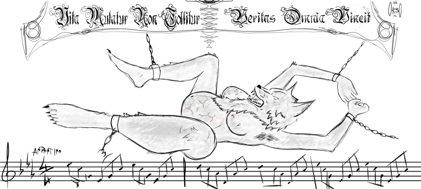 angry anthro armpit_hair body_hair canid canine canis chain chained female fur goth grey_body grey_fur hi_res imminent_death imminent_rape latin_text lying mammal musical_note nails on_back orso_(artist) pregnant pregnant_female satanic solo spread_legs spreading text toenails vein wolf