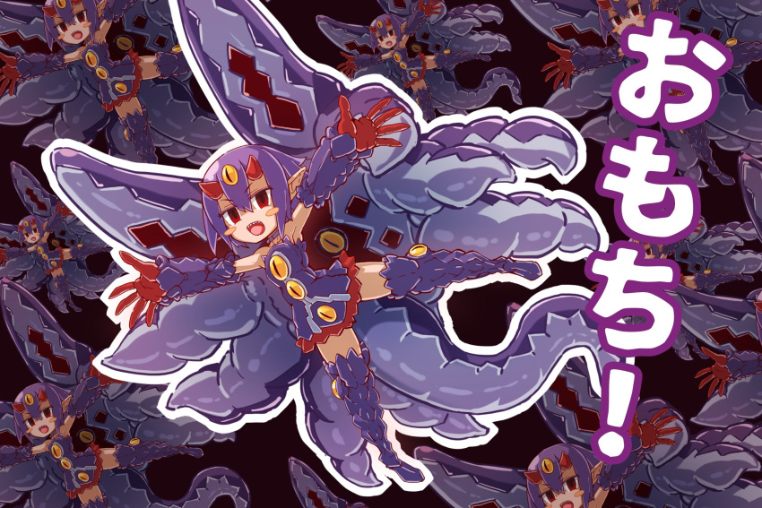 1girl armpits bare_shoulders black_background blush_stickers boots choker colored_sclera commentary_request desco_(disgaea) disgaea dress extra_eyes gloves hair_between_eyes highres himitukijineko1 horns jingle_bell_earrings open_mouth outstretched_arms outstretched_legs pointy_ears purple_choker purple_dress purple_footwear purple_hair purple_sleeves red_eyes red_gloves red_horns ringed_eyes sharp_teeth short_hair simple_background slit_pupils solo tail teeth tentacles thigh_boots too_many translation_request upper_teeth yellow_sclera