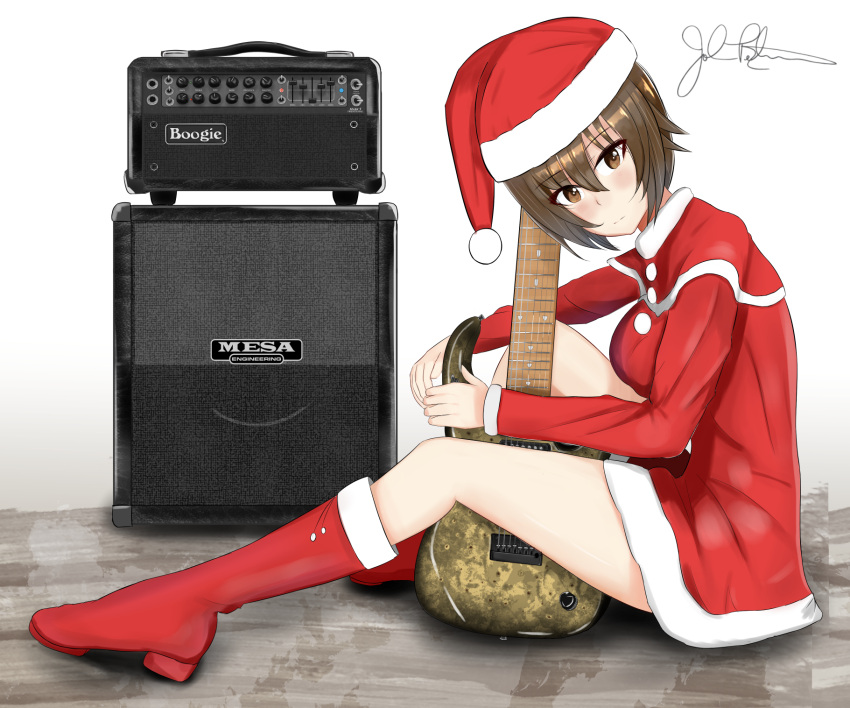 1girl amplifier artist_name bangs boots brown_eyes brown_hair christmas closed_mouth commentary depayama_(depaty) dress electric_guitar expressionless from_side fur-trimmed_dress fur_trim girls_und_panzer guitar hat highres instrument long_sleeves looking_at_viewer nishizumi_maho on_floor red_dress red_footwear red_headwear santa_boots santa_dress santa_hat short_dress short_hair signature sitting solo speaker white_background