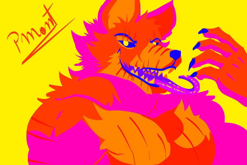 anthro barazoku canid canine canis clawed_fingers claws fangs five_nights_at_freddy's five_nights_at_freddy's_4 fox fur hi_res long_tongue looking_at_viewer male mammal muscular muscular_anthro muscular_male nightmare_foxy_(fnaf) pinumontbalou red_body red_fur scar scottgames shaded simple_background simple_shading smile smiling_at_viewer solo teeth tongue tongue_out video_games yellow_eyes