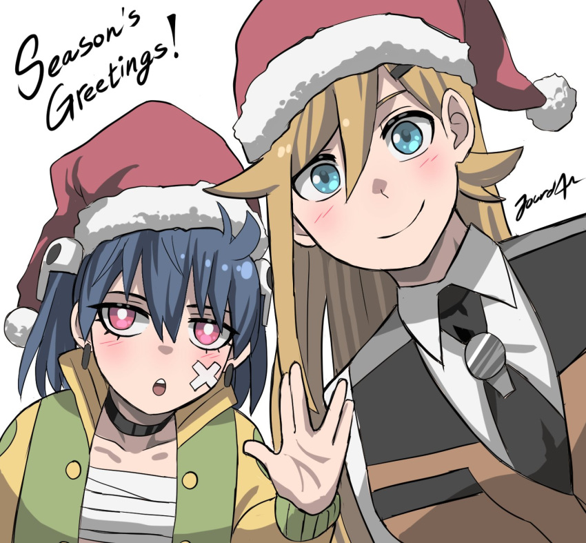 2girls artist_name bandage_on_face bandages bangs black_choker black_necktie blue_eyes blue_hair brown_hair brown_vest choker christmas dress_shirt earrings english_text green_jacket hair_ornament hairclip hakami_(jourd4n) half-closed_eyes hat highres jacket jewelry ji-yoon_(jourd4n) jourd4n leaning_to_the_side long_sleeves looking_at_viewer medium_hair multiple_girls necktie open_mouth purple_eyes red_headwear santa_hat sarashi shirt signature simple_background smile solo two_side_up vest waving white_background white_shirt wing_collar