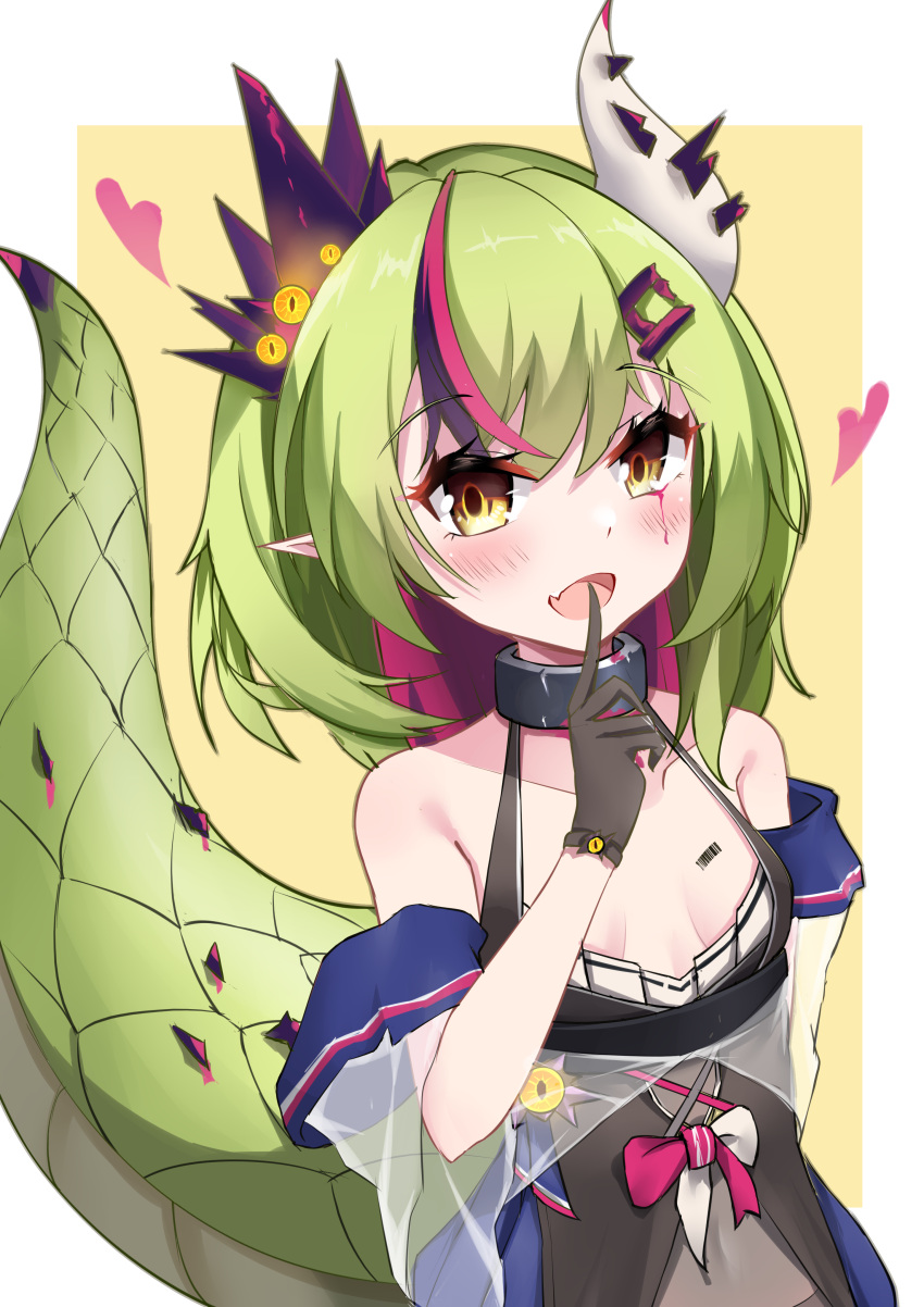 1girl :d absurdres bare_shoulders black_dress black_gloves blush breasts collarbone commentary_request copyright_request dragon_girl dragon_horns dragon_tail dress fang gloves green_hair hair_ornament hand_up heart highres horns index_finger_raised long_hair multicolored_hair nagato-chan pointy_ears purple_hair see-through see-through_sleeves sleeveless sleeveless_dress small_breasts smile solo streaked_hair tail two-tone_background two-tone_hair virtual_youtuber white_background yellow_background