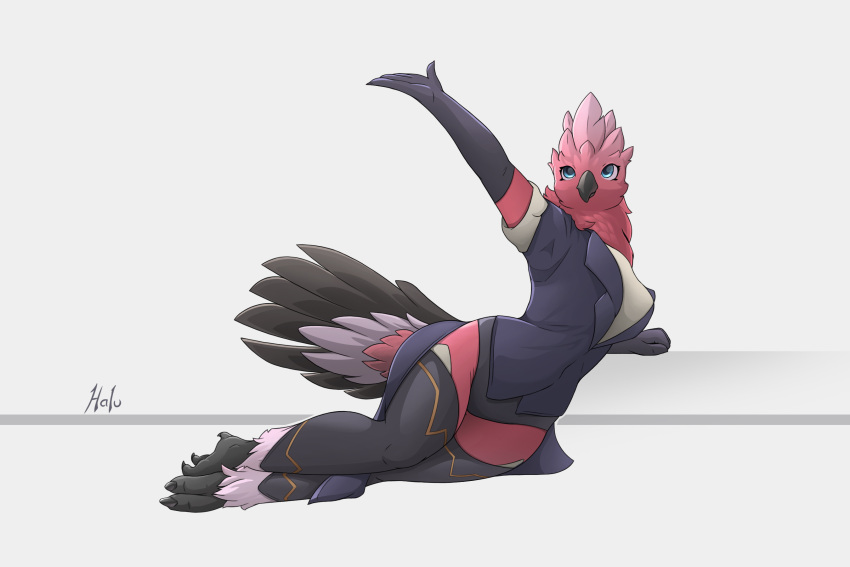 anthro avian beak bird clothing cockatoo feathers female footwear galah gloves halu handwear hi_res humanoid parrot pose socks solo suit tail_feathers