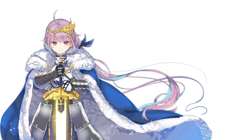 1girl ahoge armor armored_dress artoria_pendragon_(fate) bangs blue_cloak blue_hair blue_ribbon breastplate cloak closed_mouth cosplay excalibur_(fate/stay_night) fate/stay_night fate_(series) fur-trimmed_cloak fur_trim gauntlets hair_ribbon highres holding holding_sword holding_weapon hololive long_hair looking_at_viewer minato_aqua multicolored_hair pink_hair purple_eyes ribbon saber saber_(cosplay) simple_background smile solo streaked_hair sword tiara two-tone_hair v-shaped_eyebrows very_long_hair virtual_youtuber weapon white_background xuu_shi_times